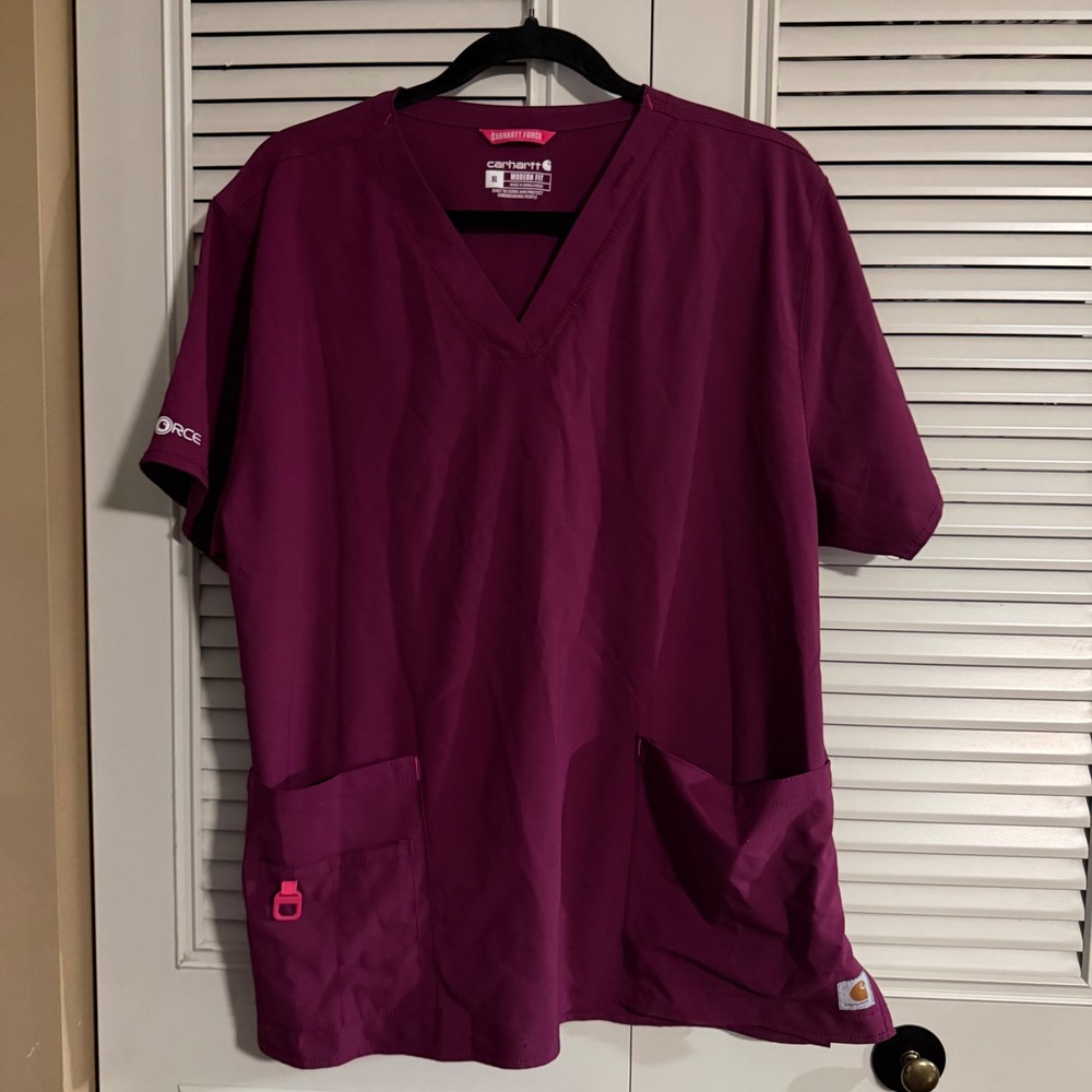 Carhartt Force Women XL Scrub Top V-Neck Modern Fit Plum Purple Pockets burgundy